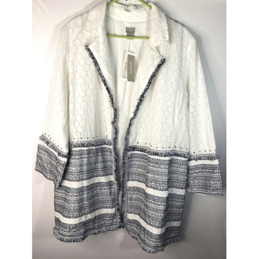 Chico's 4 Open Cardigan Eyelet Jacket Womens 20/22 White Navy Blazer Old Money